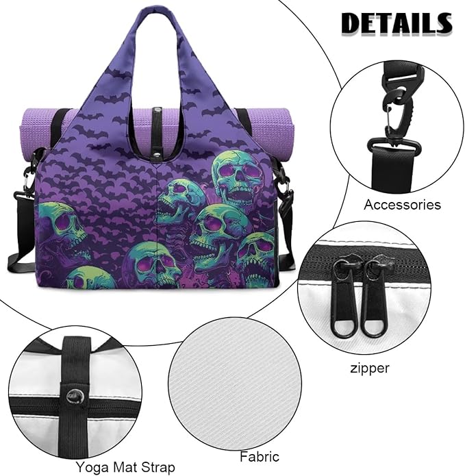 Halloween Skull Bats Lightweight Gym Bag with Shoe Compartment for Women Sports Gym Tote Bag Beach Swim Weekender Travel Duffel Bags Spooky Halloween Costumes