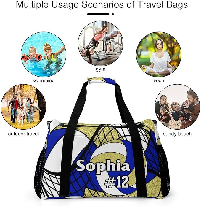 Custom Volleyball Deep Blue Gold Duffel Bag with Name Personalized Travel Bags Sport Gym Bag Carry On Weekender Bags for Men Women
