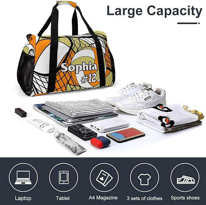 Custom Volleyball Orange Gold Duffel Bag with Name Personalized Travel Bags Sport Gym Bag Carry On Weekender Bags for Men Women