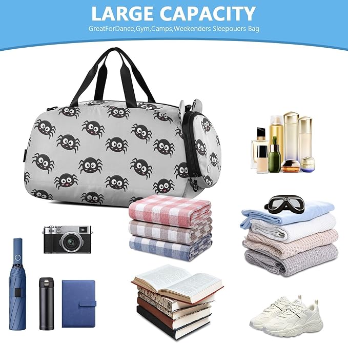 Cute Spider Animal Print Kids Sports Duffle Bag for Boys Girls Toddler Weekender Overnight Bag with Shoe Compartment & Wet Pocket Travel Foldable Bag for Dance Travel Gym Sport