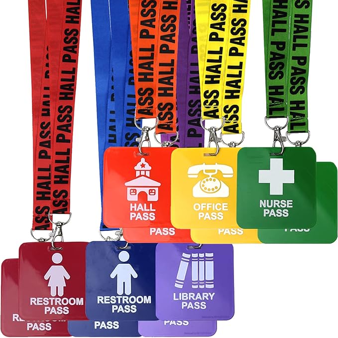 GiftExpress Hall Pass Lanyards and School Passes (12) Classroom Lanyard Pass Set for Teachers, Hall, Library, Office, Nurse, Boys & Girls Restroom, Color-Coded, Safety Buckle