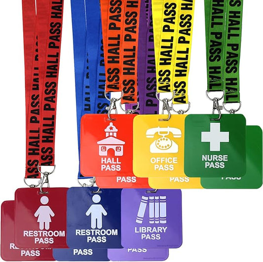 GiftExpress Hall Pass Lanyards and School Passes (12) Classroom Lanyard Pass Set for Teachers, Hall, Library, Office, Nurse, Boys & Girls Restroom, Color-Coded, Safety Buckle