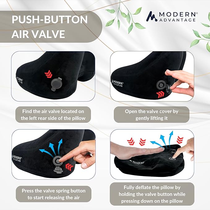 Modern Advantage Inflatable Travel Pillow for Airplanes with Comfort Hood, Adjustable Neck Support, Lightweight & Compact Flight Pillow for Sleeping on Long Flights & Travel (Black)
