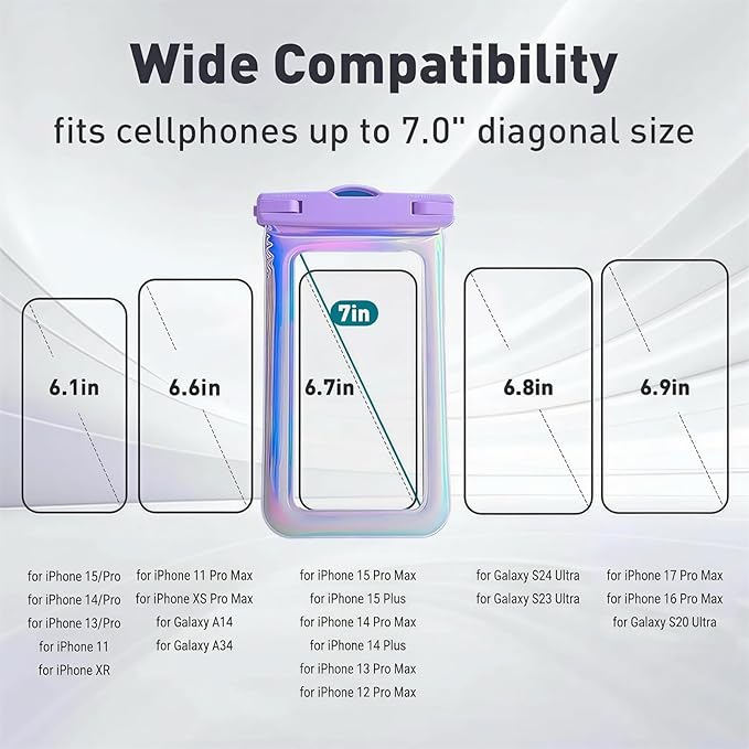 Floatable Waterproof Phone Pouch Case 2 pax for iPhone 17 16 Pro Max/15/14/13/12,IP68 Travel Cellphone Dry Bag Beach Cruise Ship Essentials Bags with Crossbody Lanyard, Iridescent Purple and Black-7″