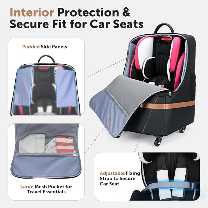 Car Seat Travel Bag for Airplane with Wheels, 4 Spinner Wheels, 900D Heavy Duty Padded Carseat Travel Bag, Ergonomic Backpack with Waist Support, Universal Fit for Convertible Infant Seats