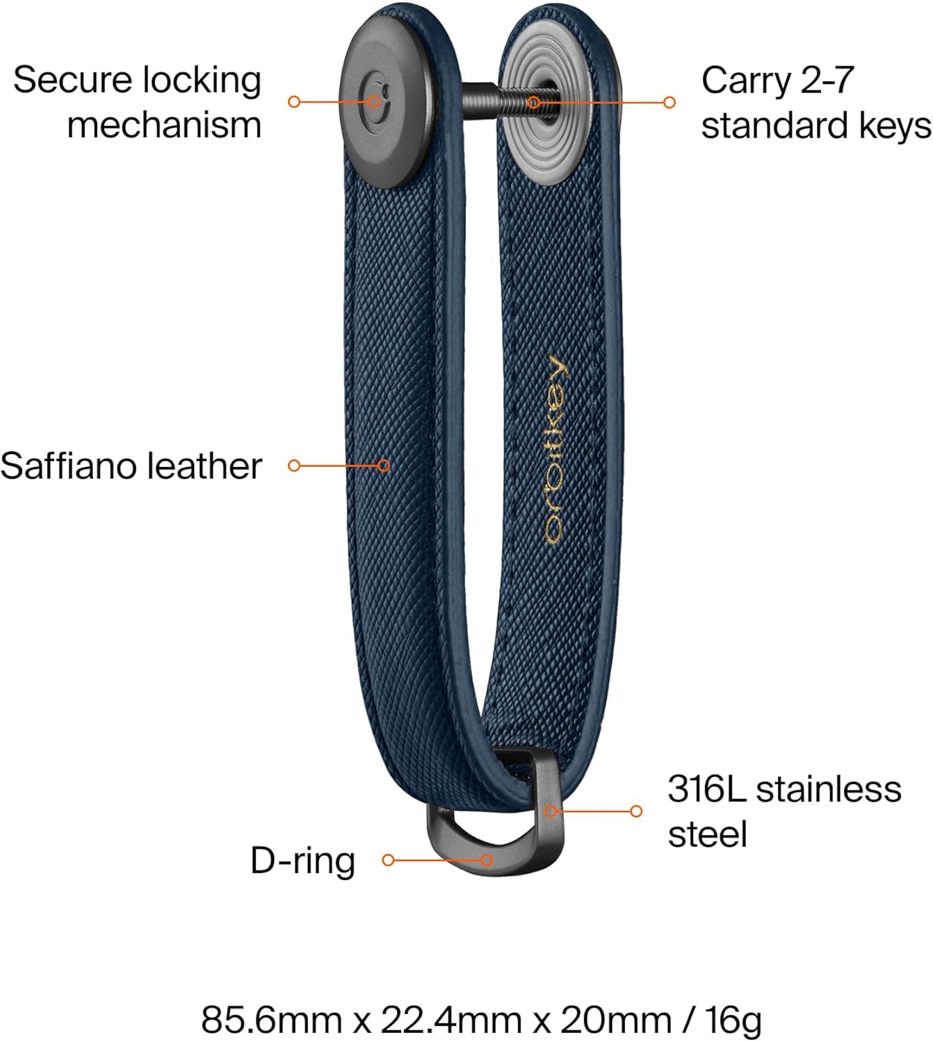 Orbitkey Saffiano Leather Key Organiser | Holds up to 7 keys, Oxford Navy