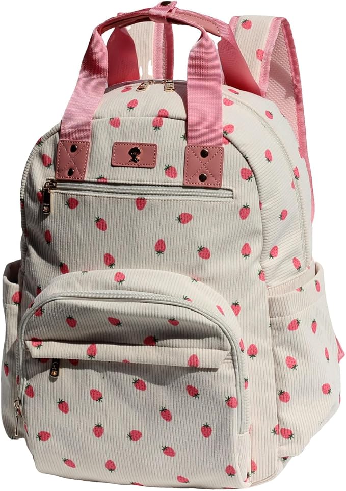 Diaper Bag Backpack, Large Capacity Multifunction Baby Essentials Fashion Travel Pack Linen Canvas office Laptop Bag (Corduroy Pink Strawberry)