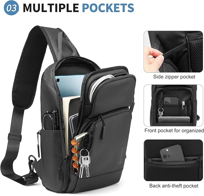 Men's Sling Bag, Convertible Anti Theft Sling Backpack, 11" One Shoulder Crossbody Backpack with USB Charging Port for Working Travel Daily, Black