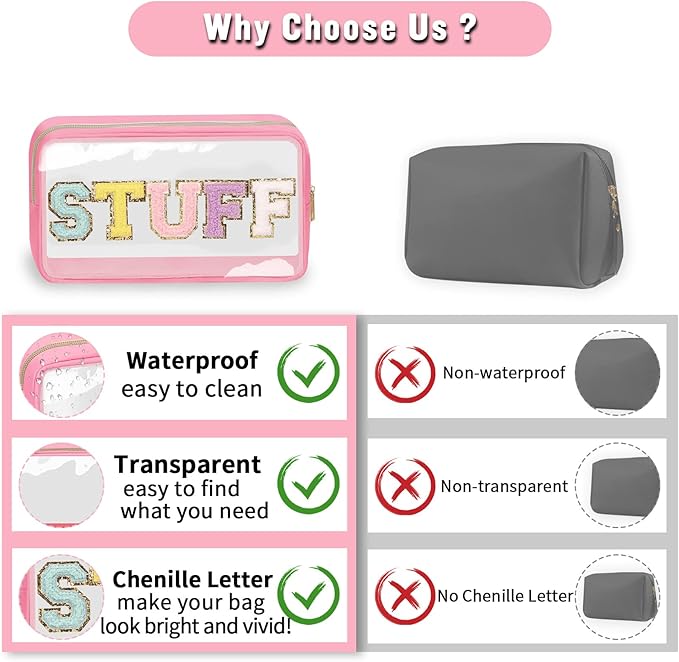 Chenille Letter Clear Makeup Bags Stuff Pouch, Preppy Patch Makeup Bag with Zipper, Transparent PVC & Nylon Waterproof Portable Glitter Cosmetic Bag Travel Toiletry Storage for Women Girls(STUFF-Pink)