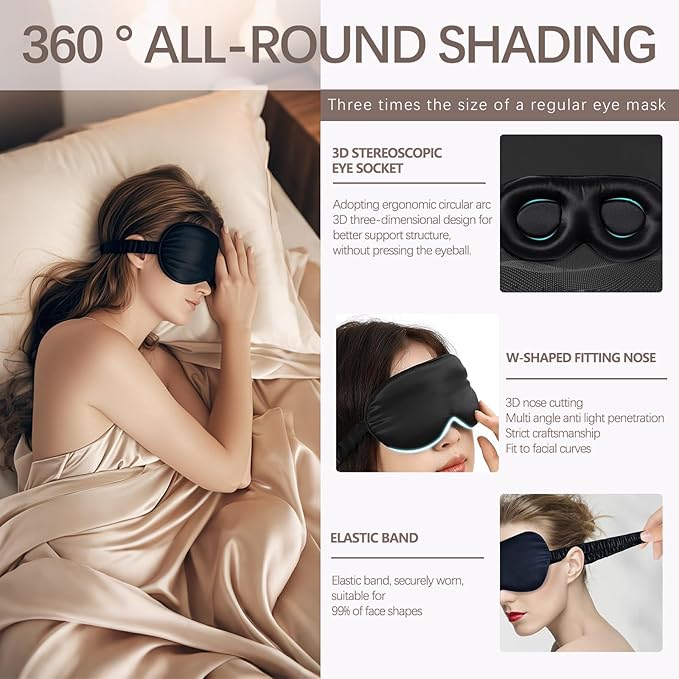 100% Mulberry Silk Sleep Mask as Your Ultimate Silk Eye Mask for Sleeping | Adjuster-Free 3D Contour for Petite Heads (21-23") | Zero Pressure Design | Yueerbao (Black)
