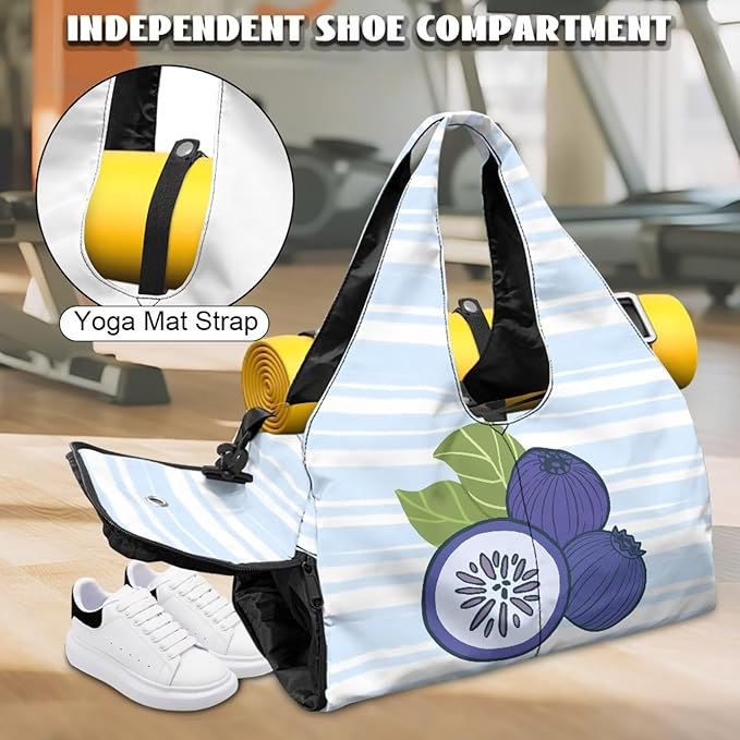 Blueberry Duffle Bag Women with Yoga Mat Holder Durable Blue Gym Bags for Women with Shoe Compartment, Waterproof Stylish Workout Bag Sports Travel Weekender