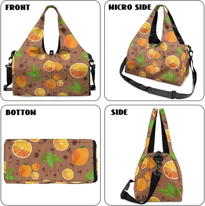 Orange Print Travel Duffel Bags for Women with Yoga Mat Strap, Lightweight Brown Gym Bag with Shoe Compartment Wet Pocket Fitness Stylish Sport Tote Bag