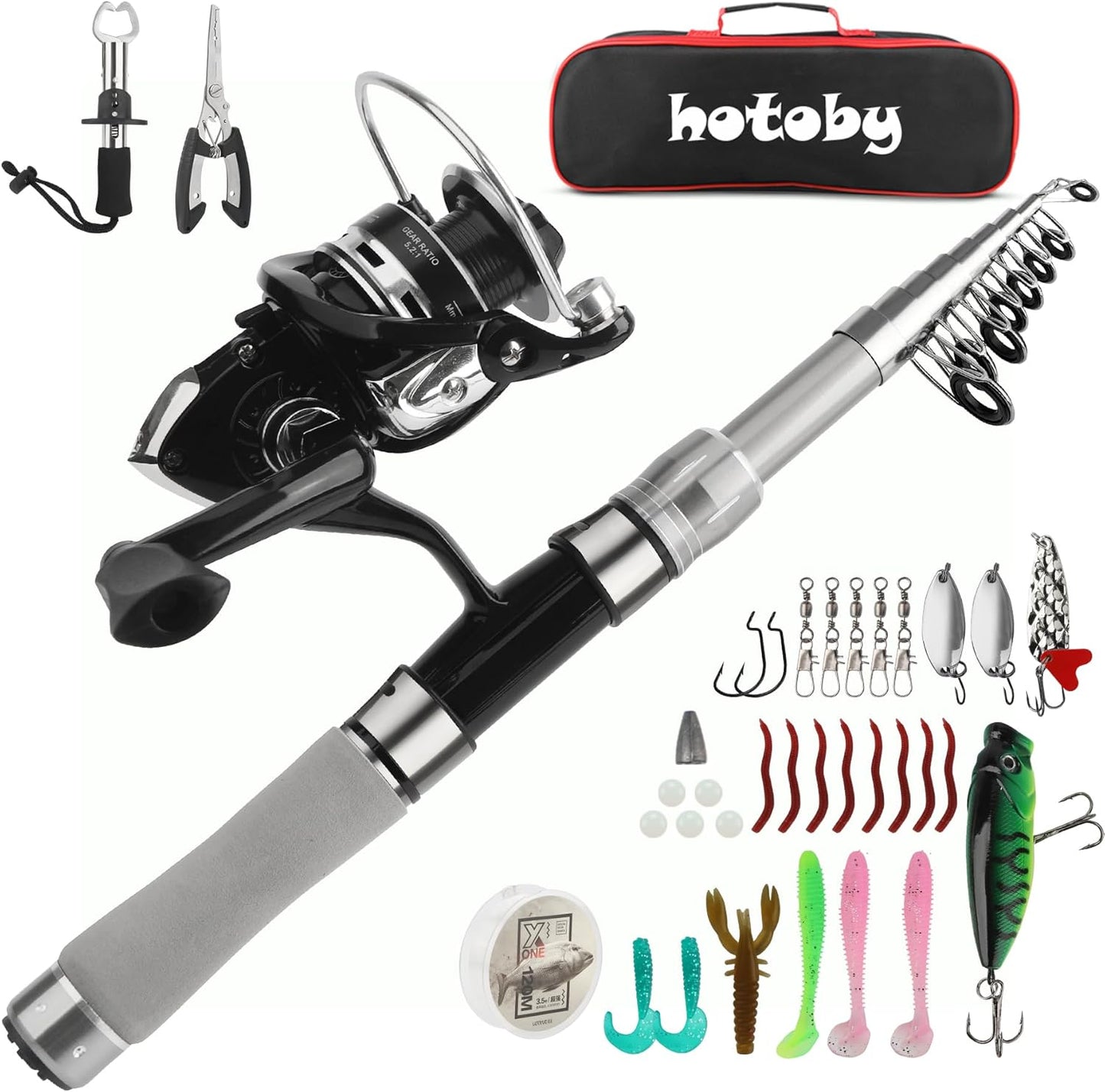 Fishing Pole Combo Set, 6.89ft Fishing Rod and Reel Combo, Carbon Fiber Telescopic Fishing Rod Kit with Spinning Reel, Fishing Pliers, Lip Gripper, Line, Lures for Beginner Angler