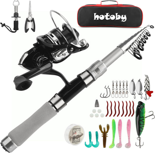 Fishing Pole Combo Set, 6.89ft Fishing Rod and Reel Combo, Carbon Fiber Telescopic Fishing Rod Kit with Spinning Reel, Fishing Pliers, Lip Gripper, Line, Lures for Beginner Angler