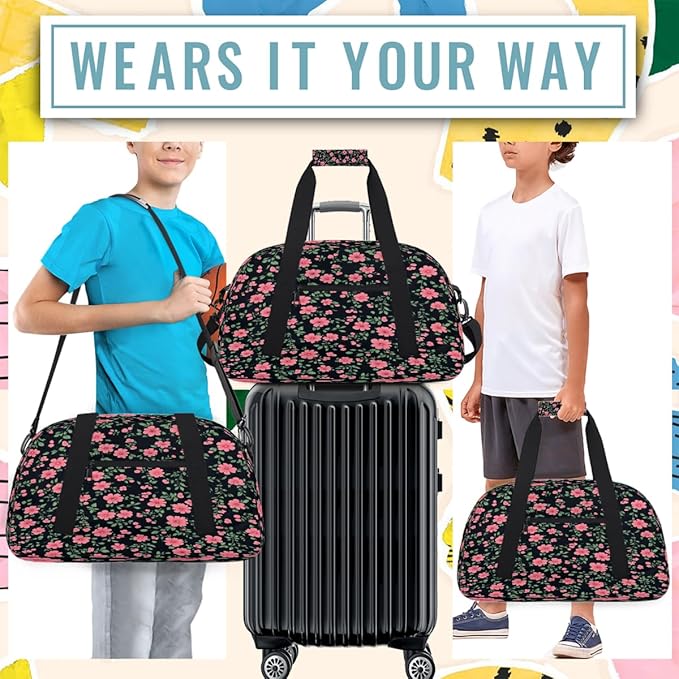 Kids Duffle Bag Girls Boys Pink Floral Seamless Weekender Overnight Bag,Lightweight Duffel Bags for Traveling Gym Sport Dance
