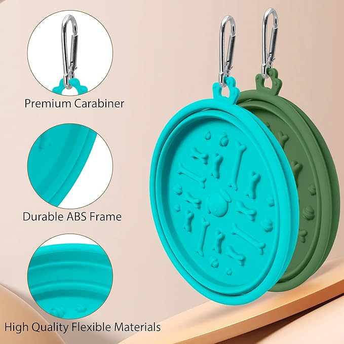 2-Pack Collapsible Dog Bowls with Suction Cups & Scraper - 16oz Travel Pet Bowls for Food/Water, Non-Slip Feeding Dish for Dogs, Includes Carabiner Clip Cyan-Olive Green