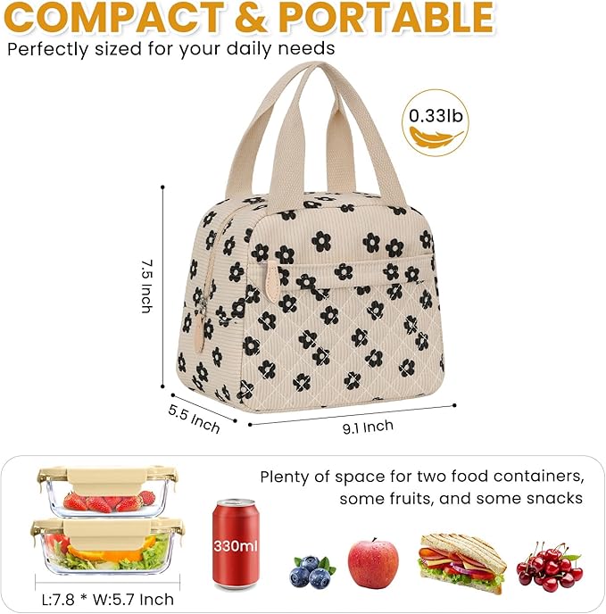 Insulated Lunch Bag for Women, Portable Lightweight Lunch Box for Adults, Reusable Small Lunch Tote Cooler Bags with Front Zipper Pocket for Work School Picnic(Corduroy Floral)