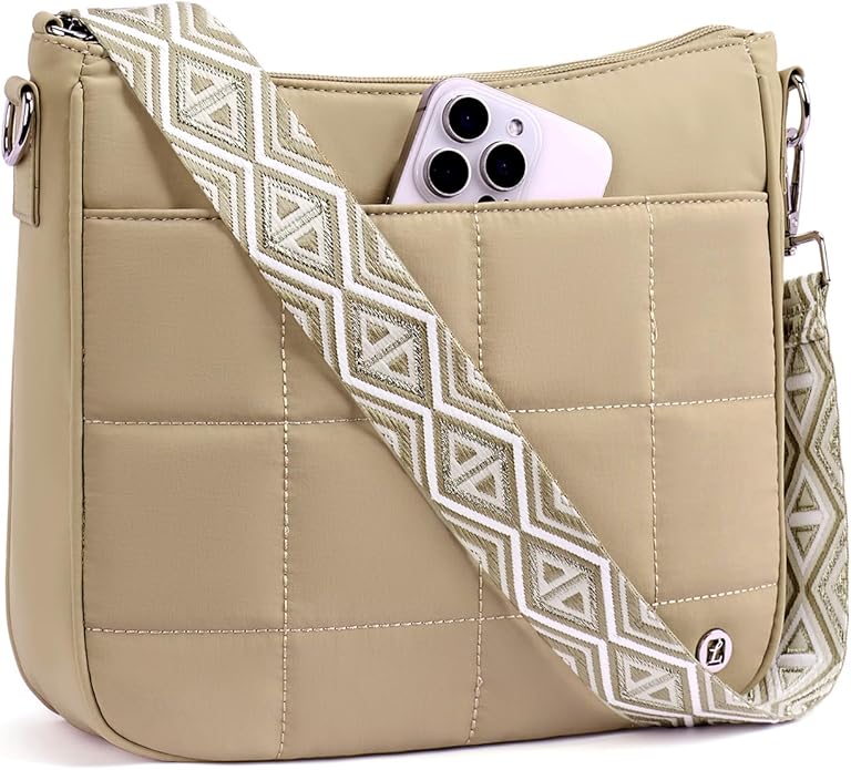 Anti Theft Crossbody Bags for Women,Quilted Puffer Travel Purses Shoulder Hobo Bag Handbag with Guitar Strap