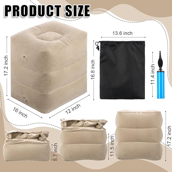 2 Pcs Inflatable Foot Rest Pillow, 2 in 1 Airplane Foot Hammock for Travel, Adjustable 3 Layers Leg Rest Pillow with Pump and Storage Bag Portable for Flights Comfort, Travel Accessories