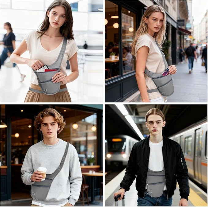 Crossbody Bag for Men Women Anti-Theft Money Belt for Travel Hidden Slim Passport Holder Mini Sling Bag Chest Belt Under Clothes to Protect Cash, Credit Cards, Phone