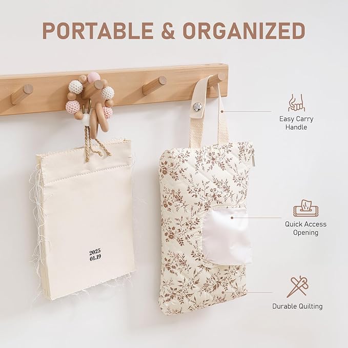 Wipe Holder Floral Diaper and Wipes Pouch Portable Hanging Wipes Bag for Car, Resuable Wet Wipe Pouch for Travel & Outdoor, Beige