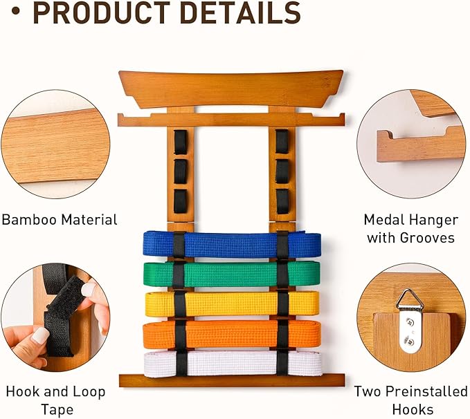 Tilhumt 8 Belt Karate Belt Display Rack with Medal Hanger and Stickers, Taekwondo Belt Display Holder, Martial Arts Belt Display Organizer for Adults, No Assembly Required (Bamboo/Acrylic)