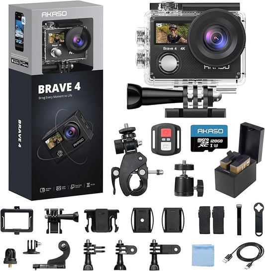 AKASO Brave 4 Action Camera with 128GB MicroSDXC U3 Card 4K30FPS 20MP Ultra HD 131FT Waterproof Underwater Camera EIS WiFi Remote Control 5X Zoom Sport Camera with Motorcycle Bicycle Accessories Kit