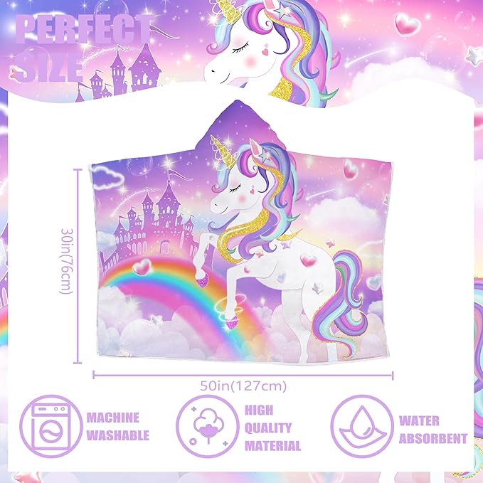 Unicorn Hooded Beach Towel, Unicorn Kids Hooded Poncho Towel for Girls, Cute Cartoon Soft Absorbent Bath Towels Pink with Hood for Kids Toddler 30”x50”, Bathrobe with Hood for Swin Pool Bath
