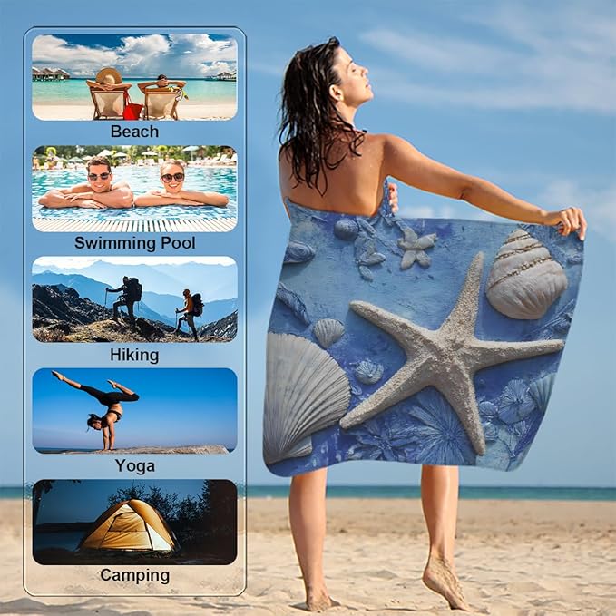 Turtle Starfish Seashell Blue Beach Towel, Large Microfiber Quick Dry Lightweight Pool Bath Towels Sand Free Beach Blanket for Summer Cruise Yoga Camping Travel Vacation Essentials 31 x 61 in