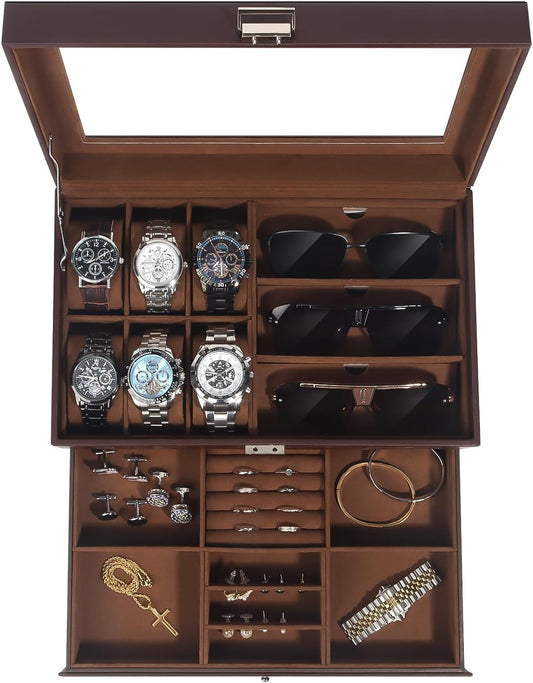 Watch Jewelry Box Organizer, 6-Slot 2-Layer Watch Case and Sunglasses Storage with Large Glass Lid, Men's Jewelry Box with Lock, Watch Holder Display Case, Gift for Men Women