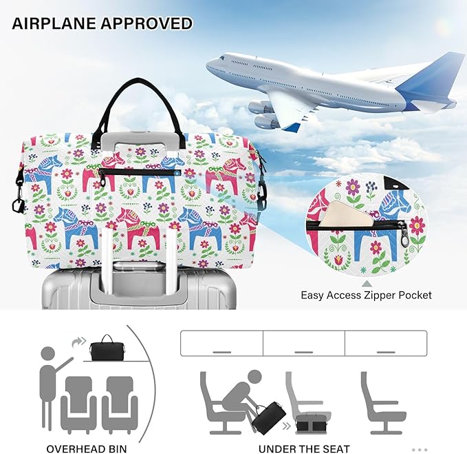 Travel Duffle Bag, Flower Horse Pattern Gym Bag with Storage Bag Weekender Overnight Bag for Men Women Trip Sports Yoga
