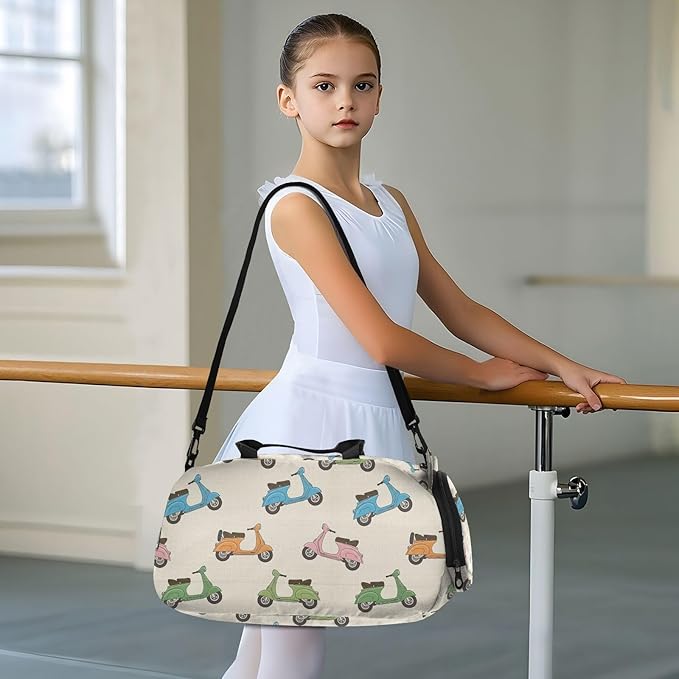 VIGTRO Colorful Scooters Beige Pattern Kids Overnight Travel Duffel Bag Sport Gym Bag for Boys Girls with Shoe Compartment, Carry On Weekender Luggage Bag for Dance Swim Yoga