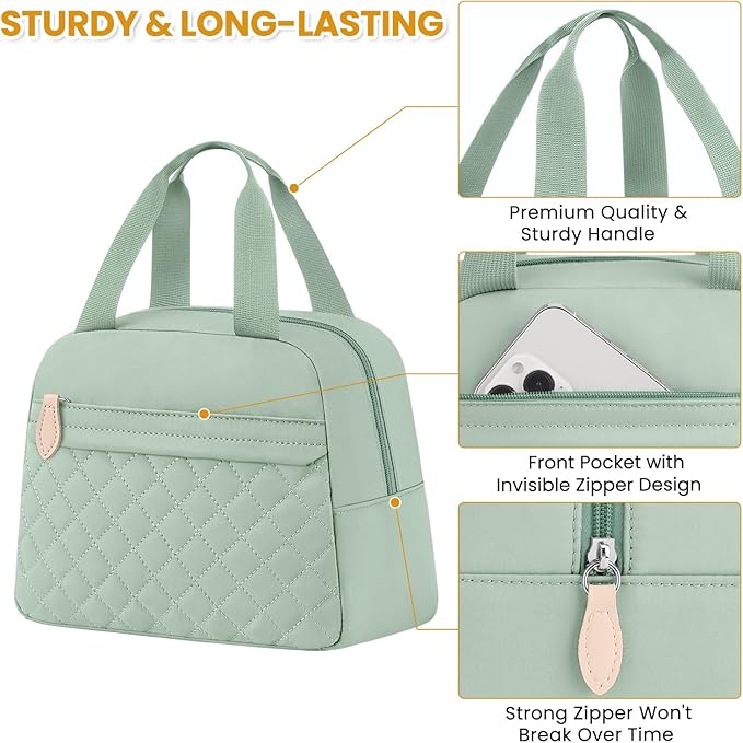 Insulated Lunch Bag for Women, Portable Lightweight Lunch Box for Adults, Reusable Small Lunch Tote Cooler Bags with Front Zipper Pocket for Work School Picnic(Green)