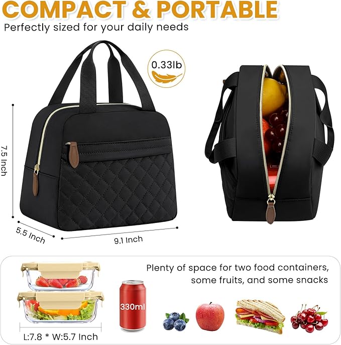 Insulated Lunch Bag for Women, Portable Lightweight Lunch Box for Adults, Reusable Small Lunch Tote Cooler Bags with Front Zipper Pocket for Work School Picnic(Black)