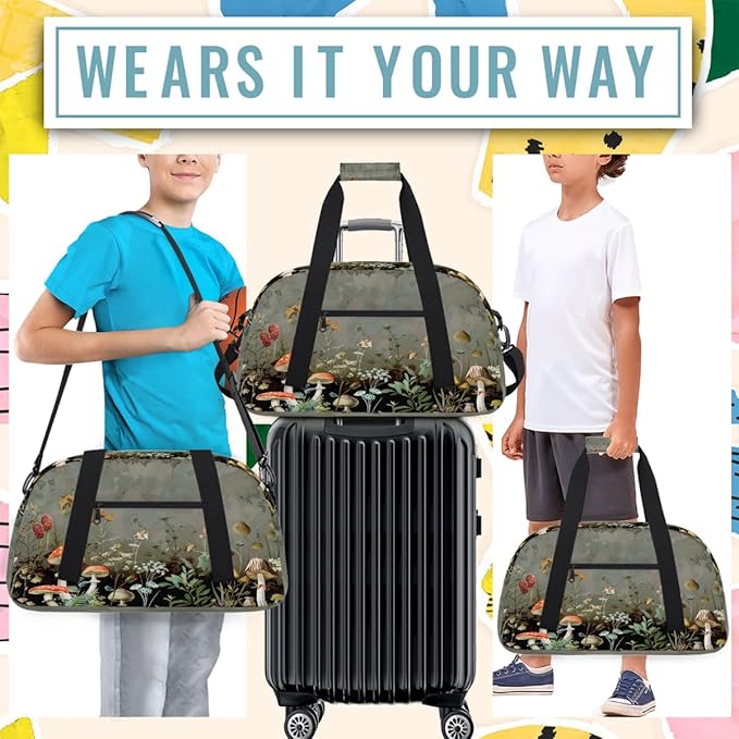 Vintage Mushroom Flowers Sports Duffel Bags, Water-Resistant Gym Duffle Bag for Men Women, Lightweight Weekender Overnight Bag for Fitness, Workout, Travel