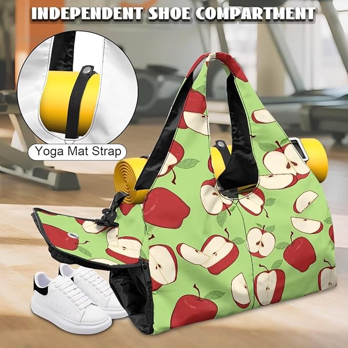 Apple Print Gym Bag that Holds Yoga Mat for Women Portable Green Duffel Bag with Pockets, Workout Bag with Shoe Compartment, Fitness Workout Sports Bag