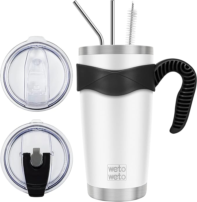 WETOWETO 20oz Tumbler with 2 lids and 2 straws, Stainless Steel Vacuum Insulated Water Coffee Tumbler Cup, Powder Coated Spill-Proof Travel Mug Thermal Cup for Hot and Cold Drinks(White, 1 Pack)