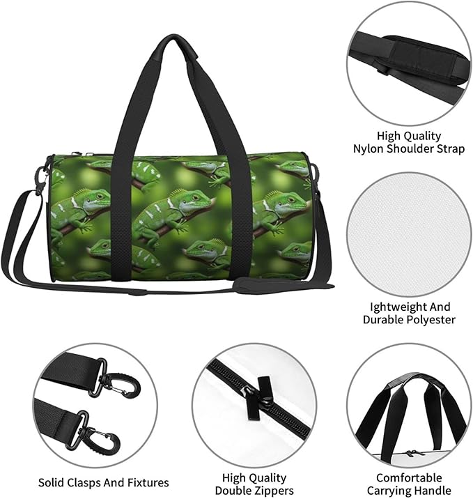 Round Duffel Sports Bags Travel Gym Fitness Gym Beach Swim Bags Green Bearded Dragon Lizards Climbing The Tree for Men Women