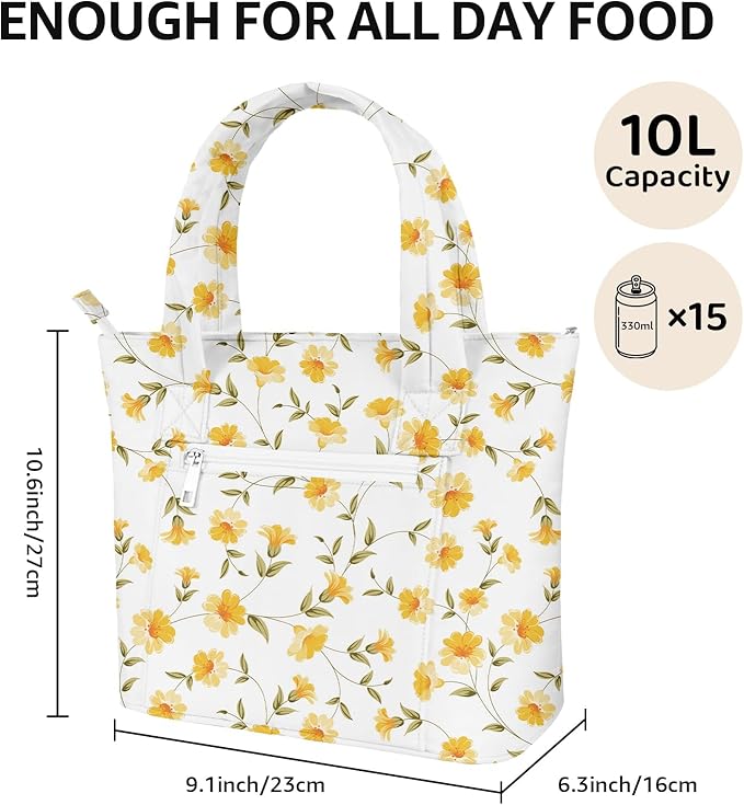 Tote Lunch Bag Women Stylish Quilted Lunch Boxes for Adult Fit and Fresh Cooler Insulated Lunchbox for Work Large 10 Liters Cute Compact Lunchbag Waterproof Yellow Floral