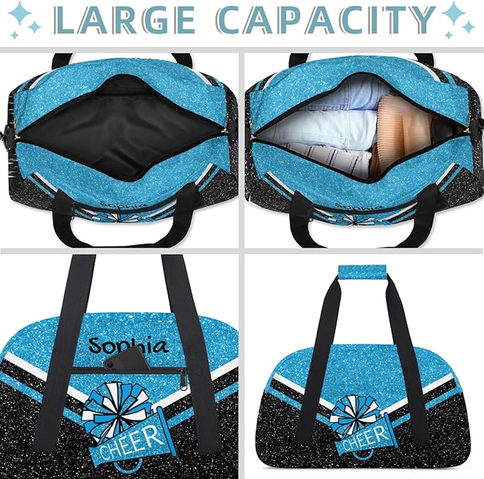 Personalized Sky Blue Glitter Cheer Bag for Cheerleaders, Custom Sport Gym Bag Dance Bag Travel Duffle Bag Cheerleading Gifts for Women