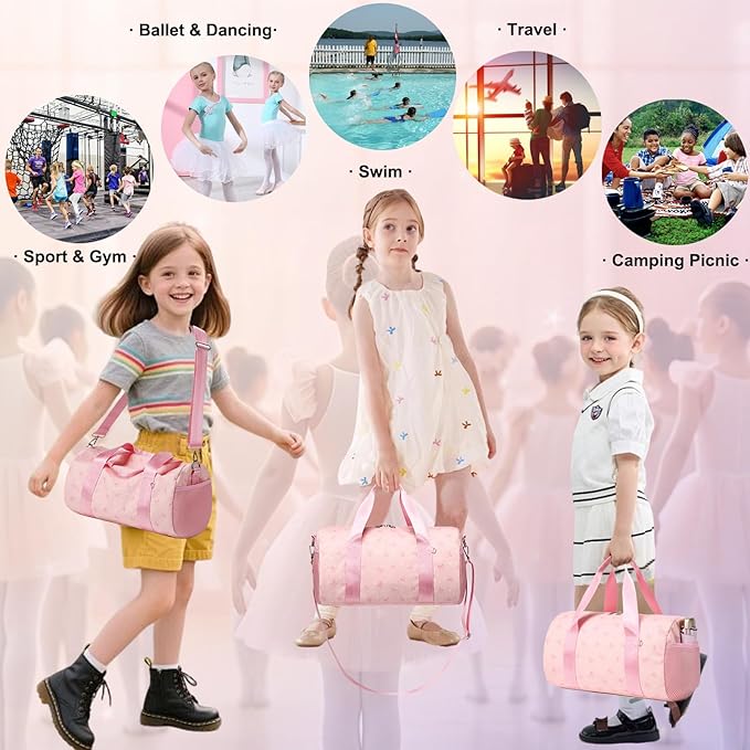 Dance Ballet Bag for Girls Small Duffle Ballerina Bags with Waterproof Dry Wet Separated Compartment Corduroy Bow Dance Bag for Girls 4-6 Pink