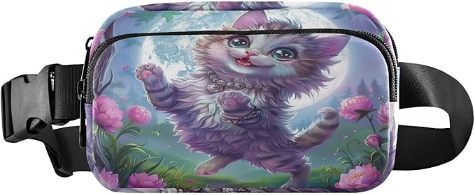 Cute Cat Flower Moonlight Fanny Pack for Women Men Water Resistant Fashion Waist Packs with Adjustable Strap Belt Bag for Travel Workout Jogging Hiking 21220557