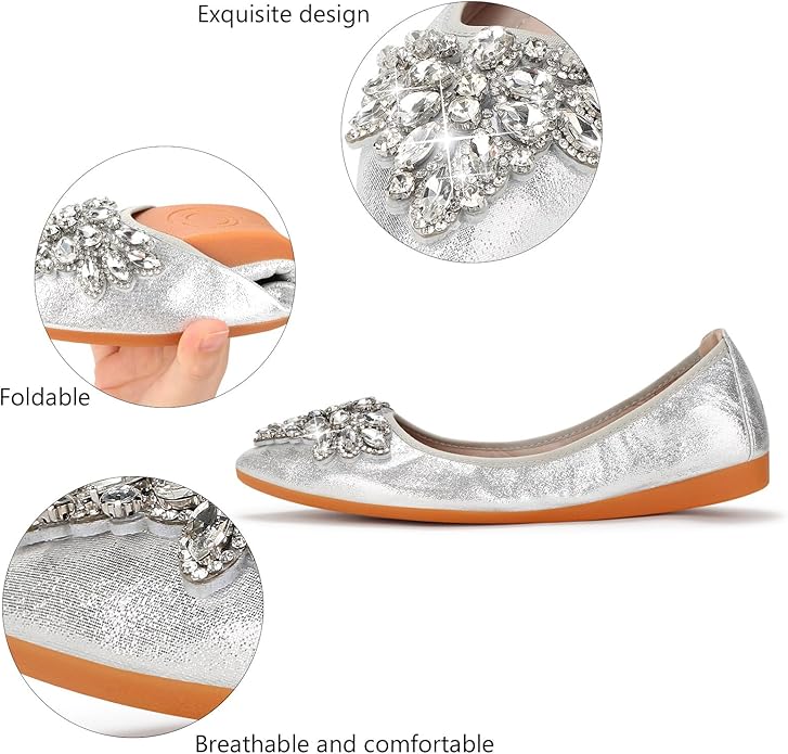 KUNWFNIX Women Ballet Flats Rhinestone Wedding Ballerina Shoes Foldable Sparkly Comfort Slip on Flat Shoes