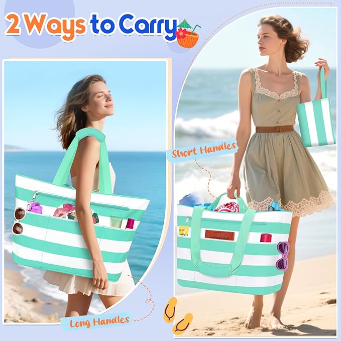 BKNOOU Extra Large Beach Bags Waterproof Sandproof XL Beach Tote Bag for Women Zipper Foldable Swim Pool Bag with Wet Pocket