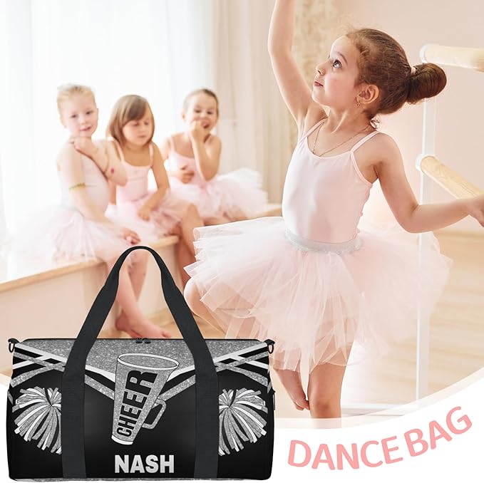 Custom Name Overnight Duffel Cheerleaders Bag, Personalized Sport Gym Travel Weekender Bags, Small, 17.91" x 8.07" x 9.65", Silver Black Glitters Cheer Team