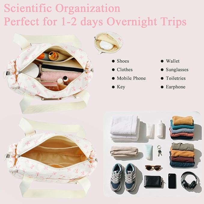 CAMTOP Mini Gym Bag for Women, Small Gym Tote Bag Puffy Quilted Sports Duffel Bag with Wet Compartment and Coin Purse Duffel Bags Dance Yoga Workout Bag for Gifts (Beige Pink Bow, Mini-12.6")
