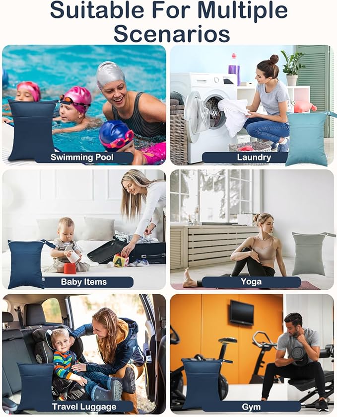 Wet Dry Bags 3 Pack Two Zipper Pockets Travel Beach Pool Reusable Waterproof Yoga Gym Bag for Baby Cloth Diaper Swimsuits Wet Clothes Grey Blue 3L03