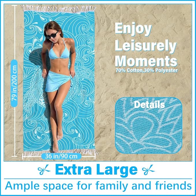 Thin Turkish Beach Towel Lightweight Soft Cotton Extra Large XL Oversized Sand Free Sandproof Absorbent Quick Dry Towels Cloud Bath Pool Travel Compact Essentials Accessories for Adult Gifts