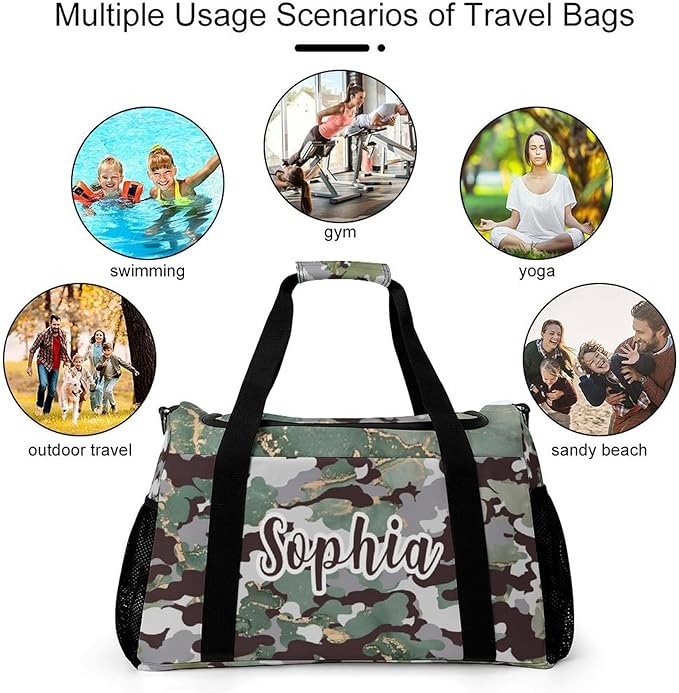 Personalized Green Camouflage Camo Pattern Duffle Bag with Name for Women Man Custom Multifunctional Travel Perform Training Bag Luggage Bag