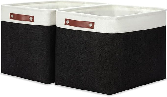 HNZIGE Decorative Organizer Baskets for Shelves 16"×11.8"×11.8" Large Storage Bins with Leather Handles (2 Pack) Foldable Storage Basket for Storage Bedroom, Balcony, Home, Laundry (Black&White)